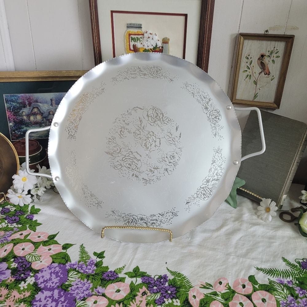 Vintage Metal Floral Serving Tray With Handles